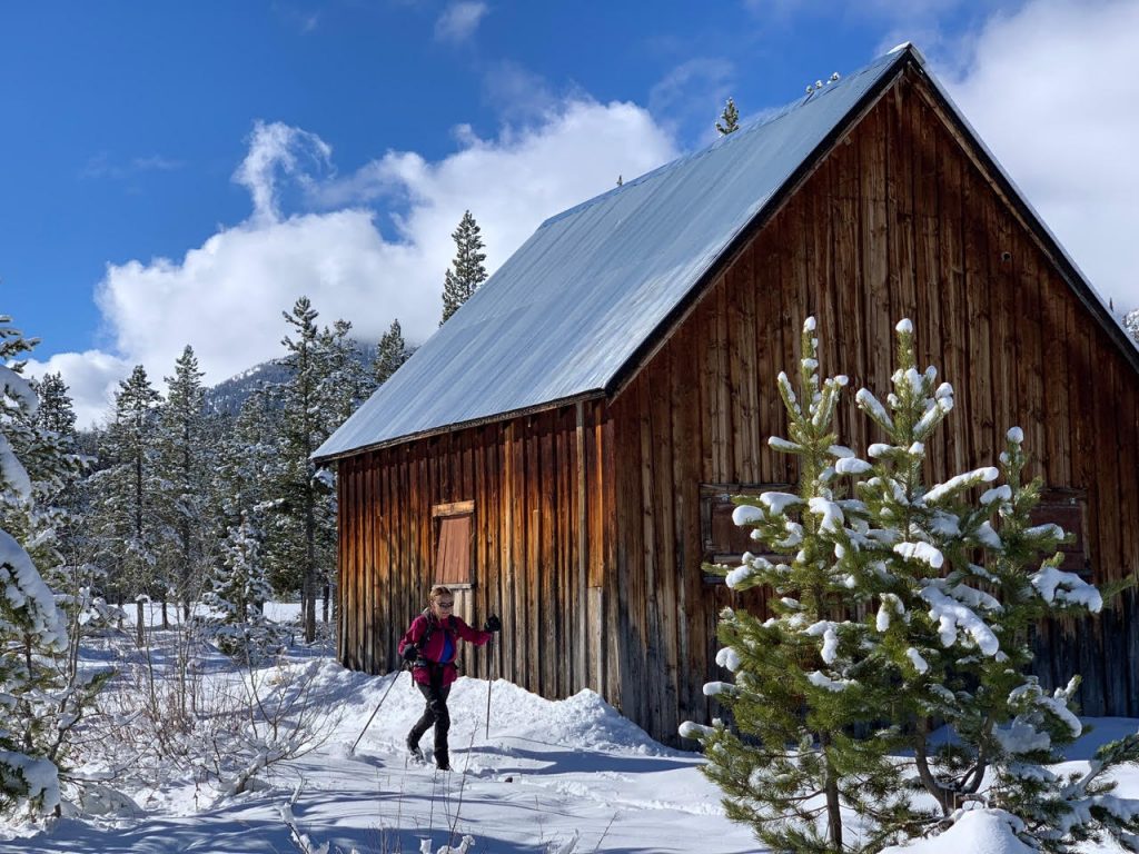 GTNP Ski and snowshoe trip - image of a cross country skier passing historic cabin
