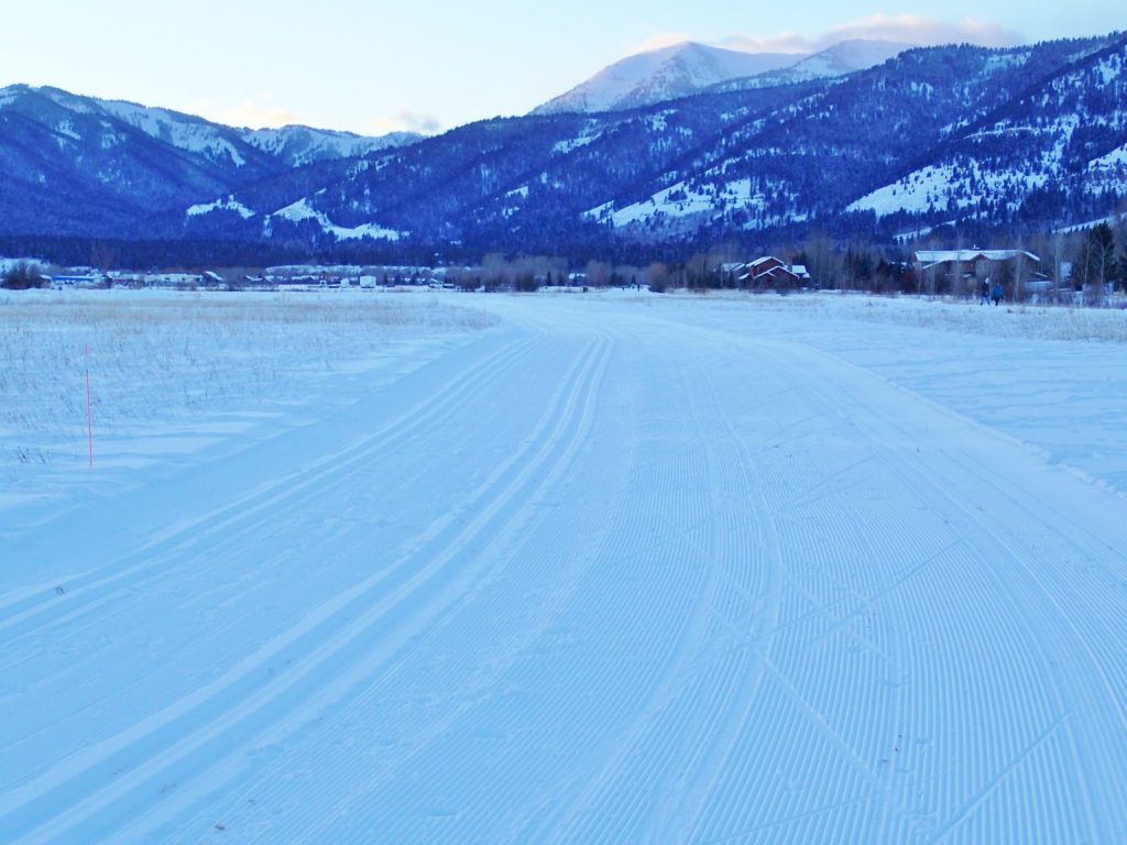 A beautifully groomed nordic track at Stilson with Teton Pass in the background