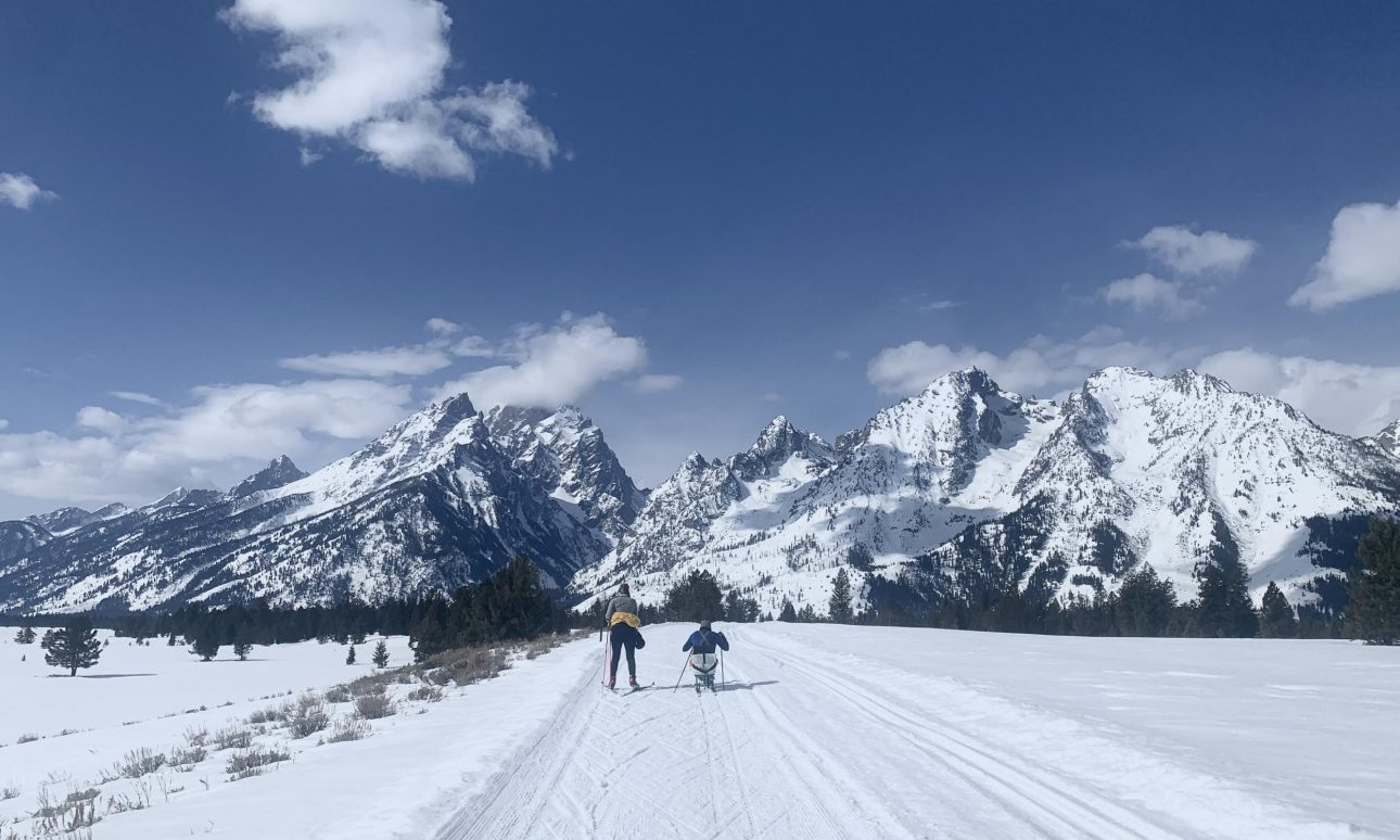 Jackson Hole Nordic - Image of two skiers on a groomed trail on a sunny day in Grand Teton National Park