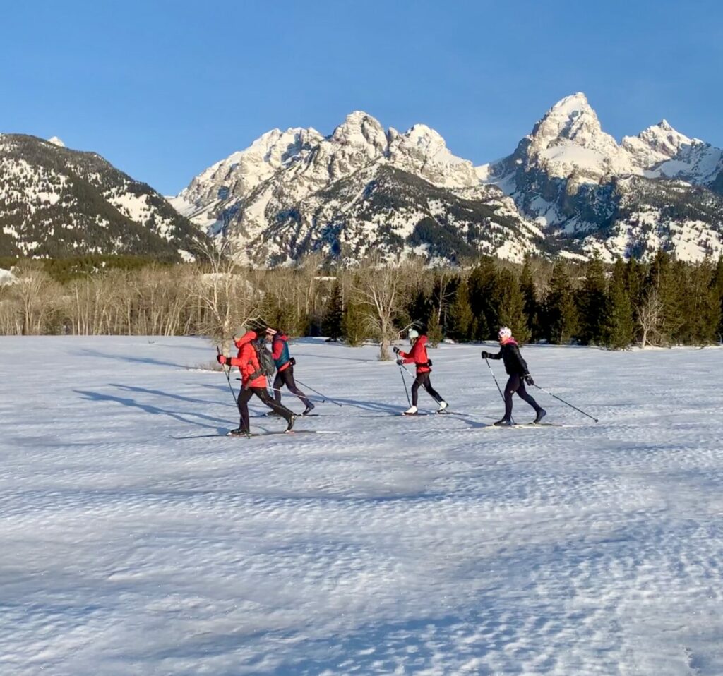 Four Nordic skiers skiing on a "blue bird day" in Grand Teton National Park