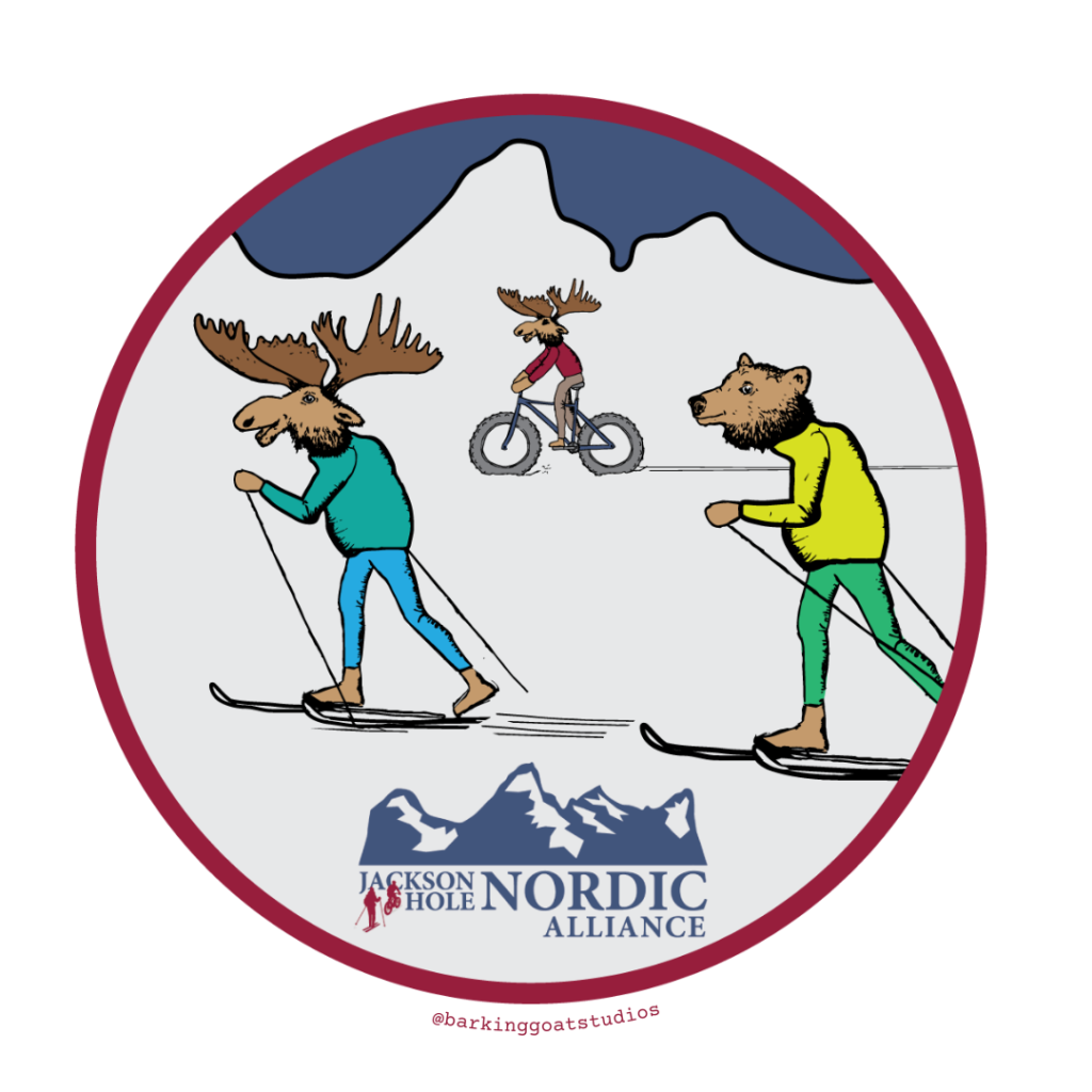 Explore More Winter- NoSo Patch of 2 moose and a bear nordic skiing by Barking Goat Studios