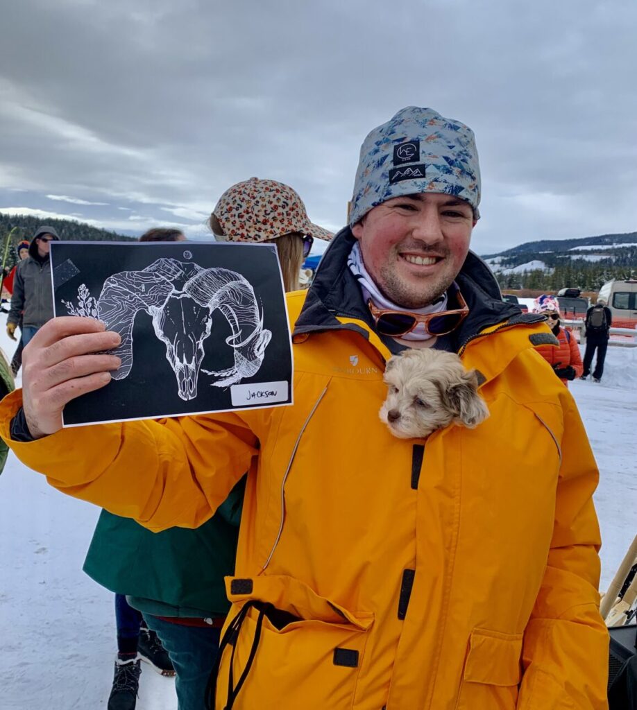 Turpin Meadow Ranch event, puppy in a skiier's coat