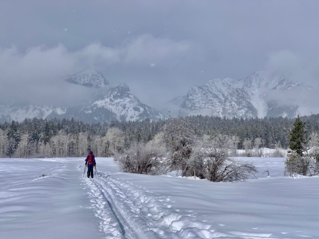 Backcountry Nordic ski tour on flat terrain starting at Granite Canyon trailhead.