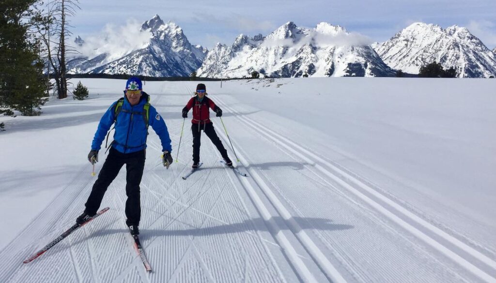 Two skate skiiers on the Taggart to Jenny Lake trail.