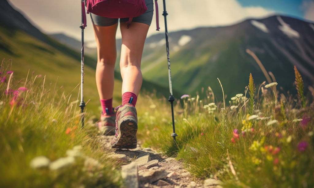 hiker with trekking poles walking on trail in Tetons