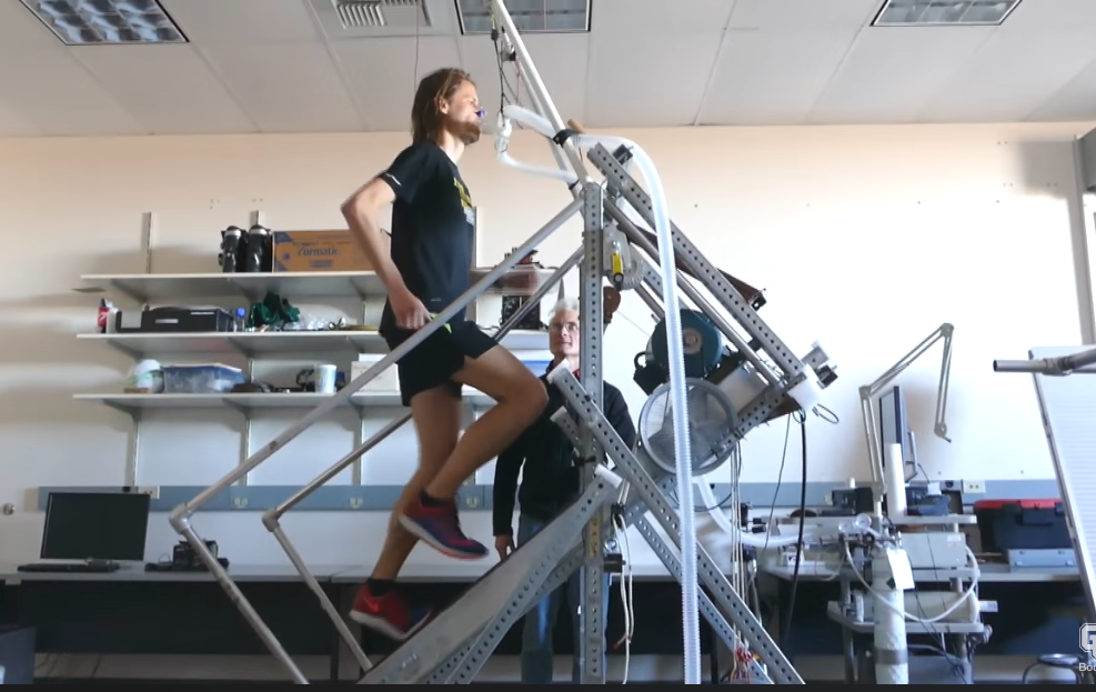 Study participant is tested on inclined treadmill without trekking poles. The treadmill is set to a 45 degree angle 