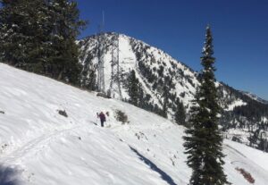 a snowy slope with Mt Glory in the background