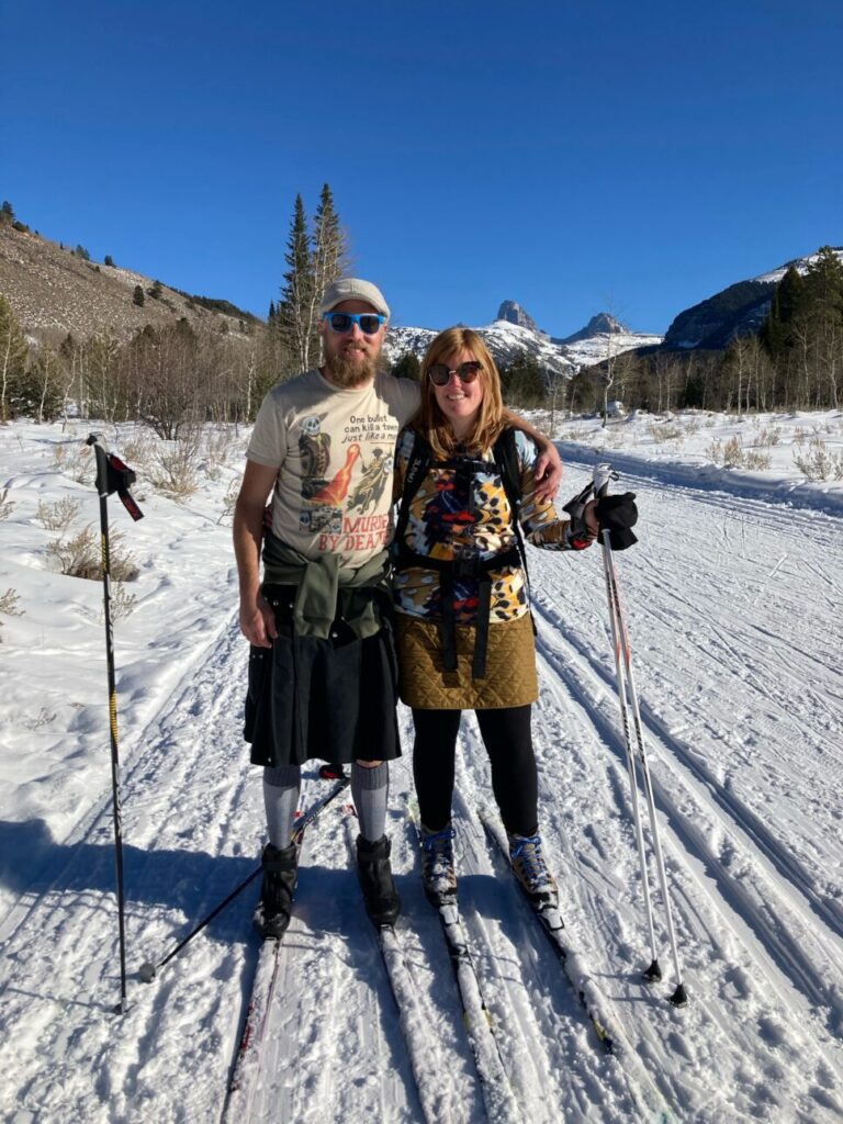 Sara and her husband XC skiing in Teton Canyon on a clear day - Advocate for your well-being