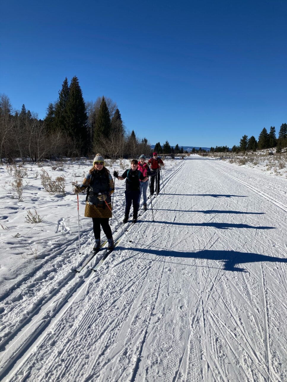 Skiers in the classic track at Teton Canyon