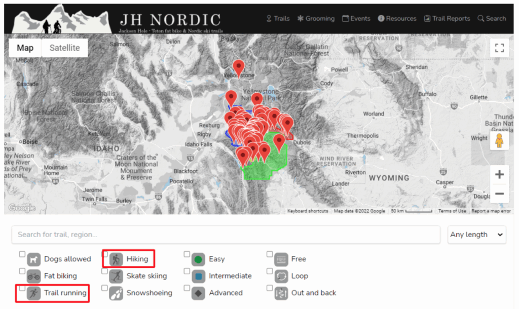 graphic of trails map with icons highlighted for running and hiking