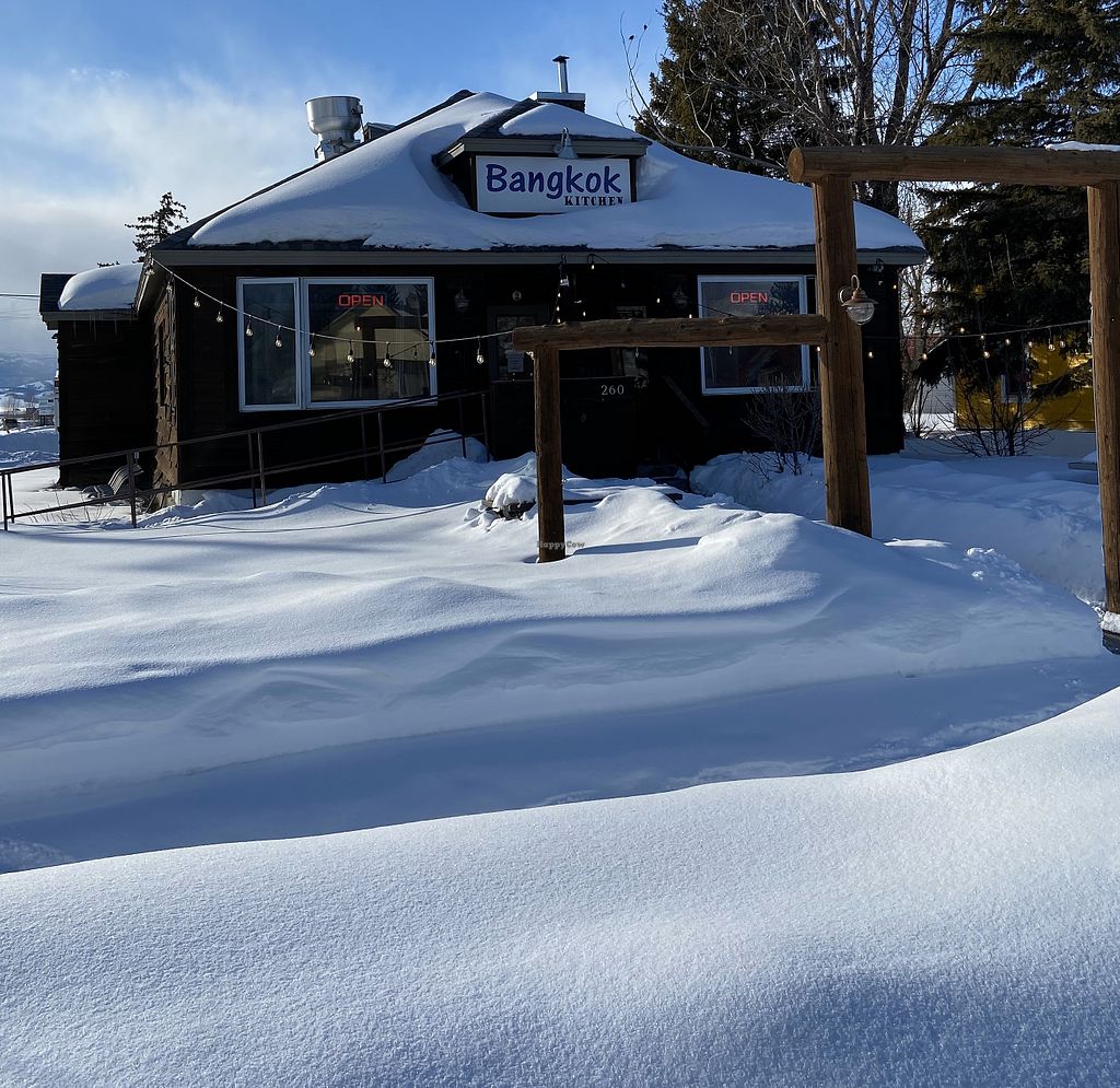 A snow covered Bangkok Kitchen in Driggs, ID