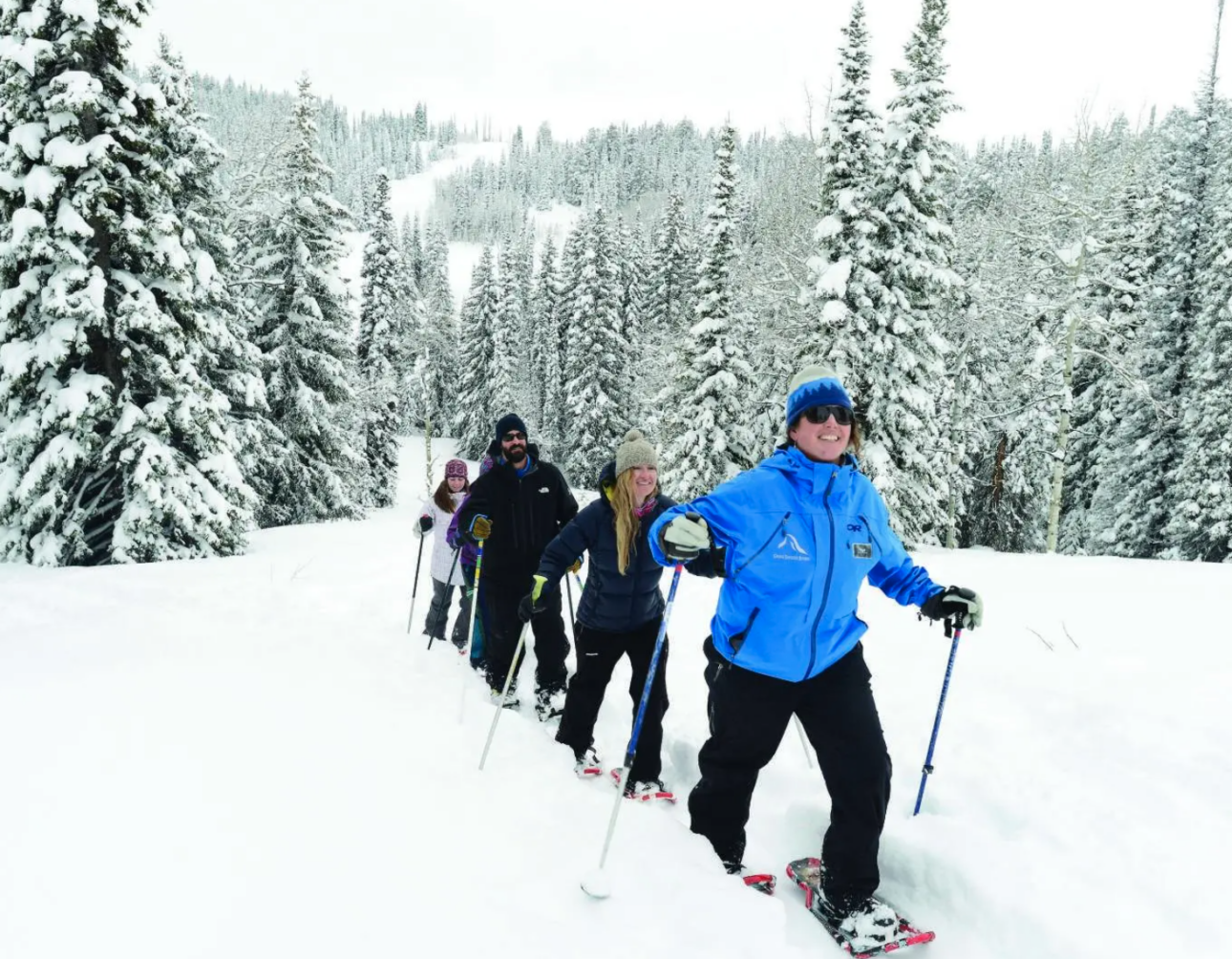 A group snowshoes in a National Forest