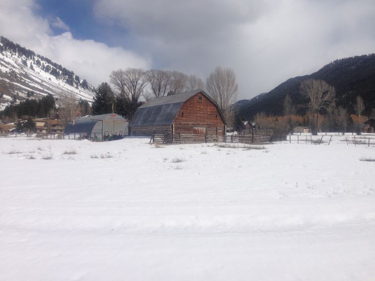 A western style barn that sits on the edge of a snow covered May Park