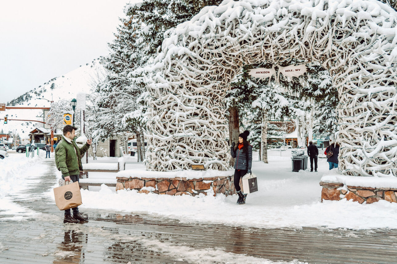 2 Perfect Days - Winter Trails Adventure. The antler arch on Jackson Hole Town Square