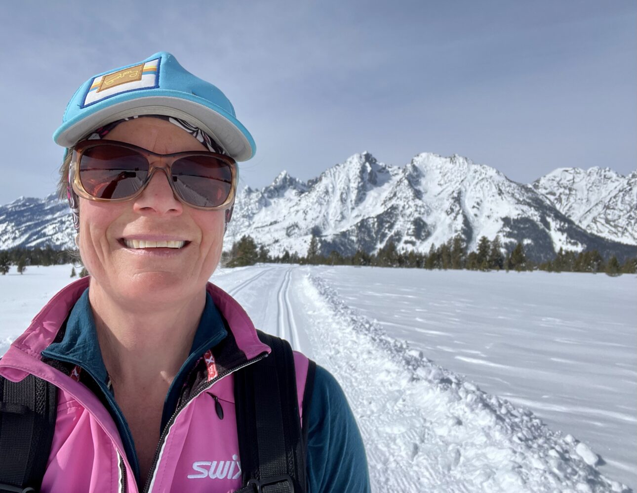 Pro Tips: A selfie from Celeste on the skate ski tour that turned into a long classic ski in GTNP, 3-10-24.