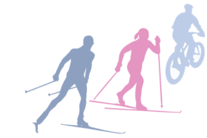 flat art of a skate skier, cross country skier, and fat biker on snow