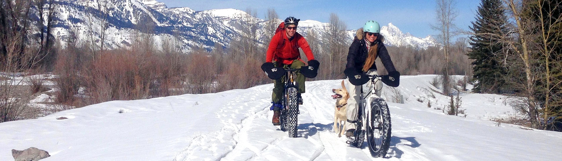 Two fat bikers and their dog on a groomed winter trail along the Snake River Dike, Jackson Hole.