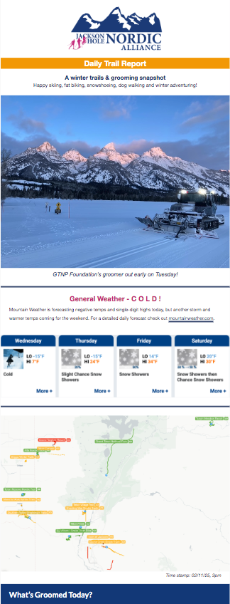 A screenshot of the daily trail report email, showing a picture, map and weather