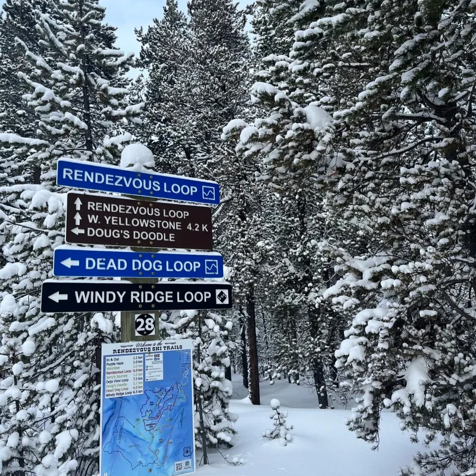 Trail signs and map at the top of 191 hill in West Yellowstone
