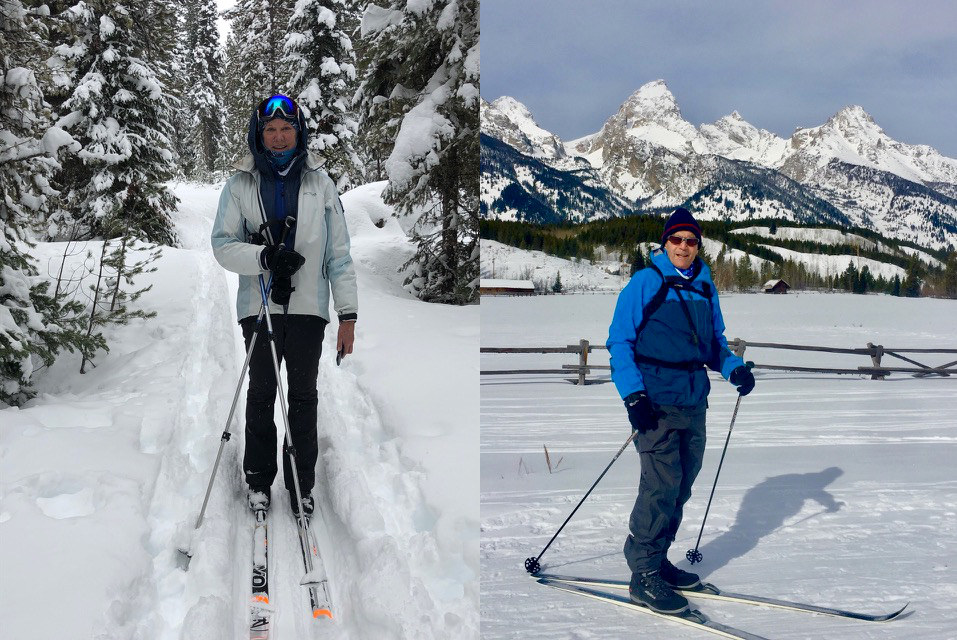 Photo of Mary and Jim Speyer cross country skiing outside in winter in the Tetons
