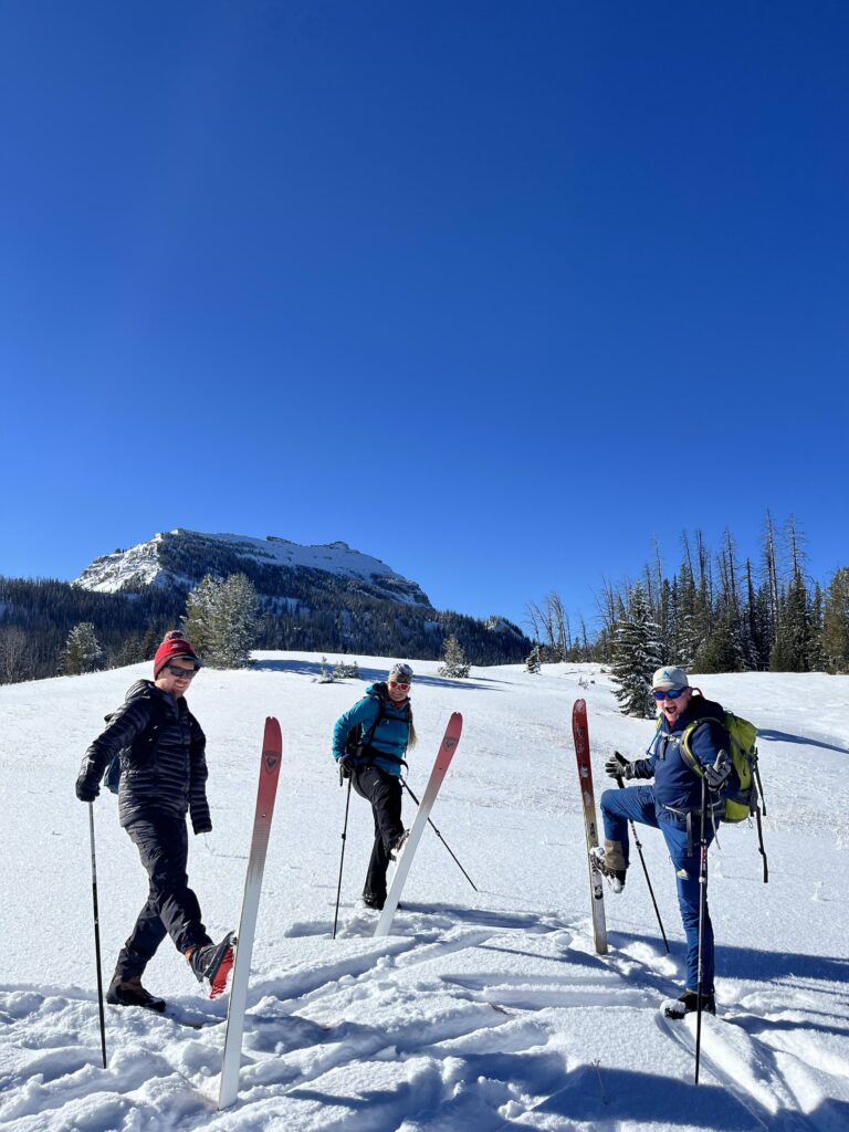 Three friends being silly on xc skis in a meadow under blue skies