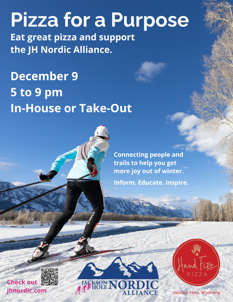 Pizza for a purpose poster showing xc skier and blue skies