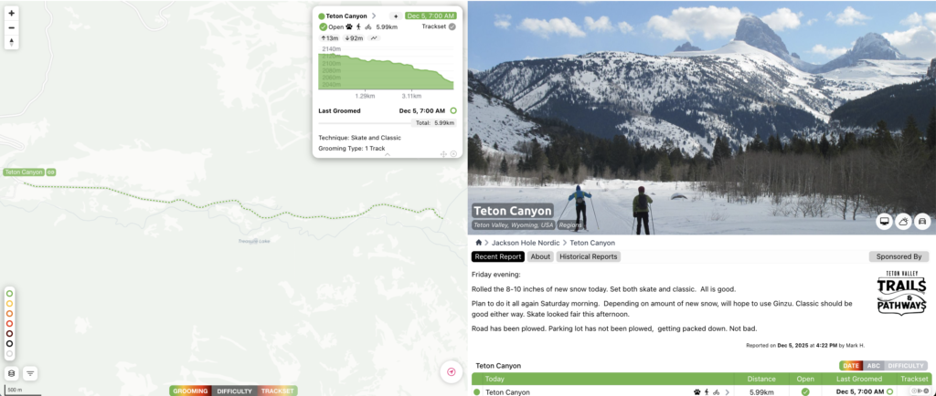 A map of Teton Canyon with elevation profile, showing skiing conditions and grooming updates.