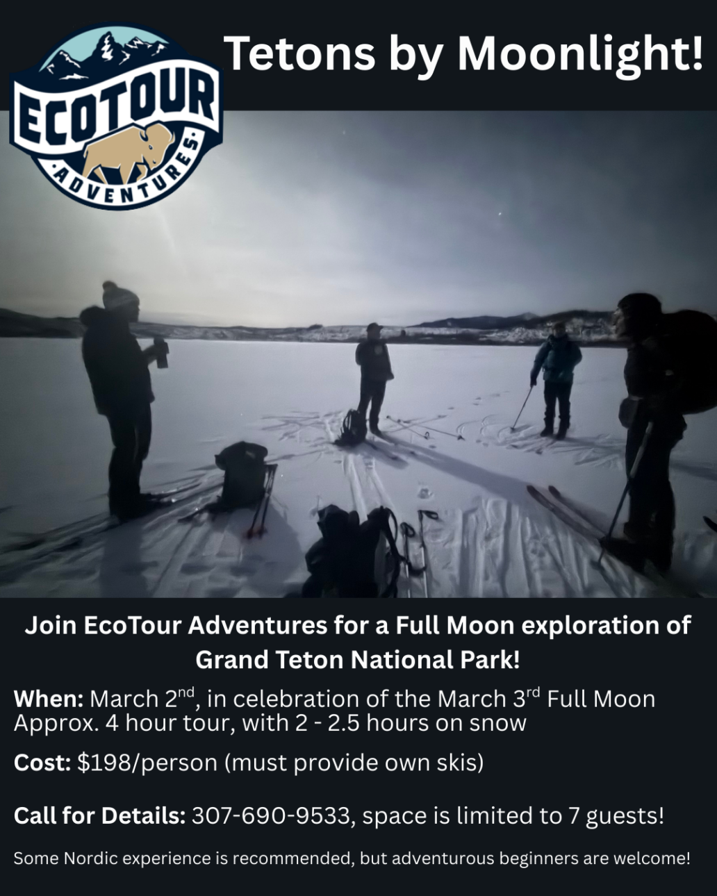 moonlit pic of skiers jh ecotours