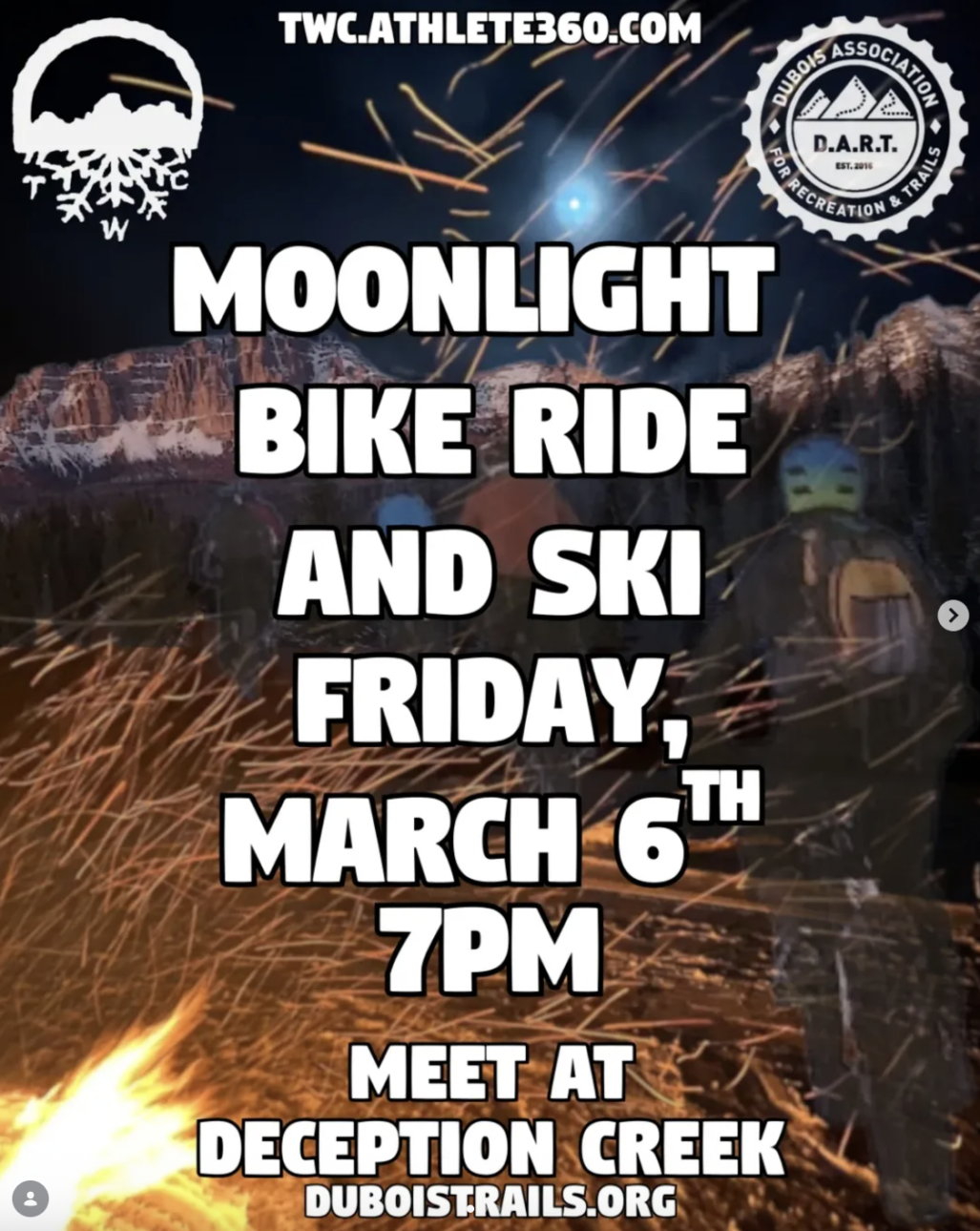 flyer for moonlight bike and ski at Deception trails showing fire sparks